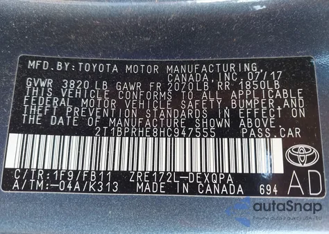 2017 Toyota Corolla Le Eco from USA, damaged, VIN 2T1BPRHE8HC947555